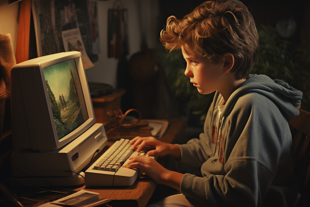 A kid using the family computer room back in the day